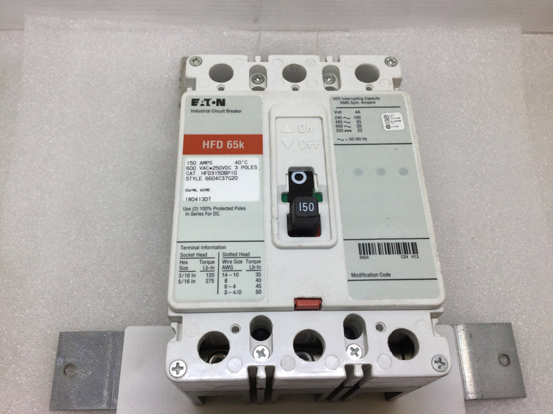 Eaton Cutler Hammer HFD3150 3 Pole, 150 Amp, 600 Vac, Circuit Breaker with Mounting Hardware.