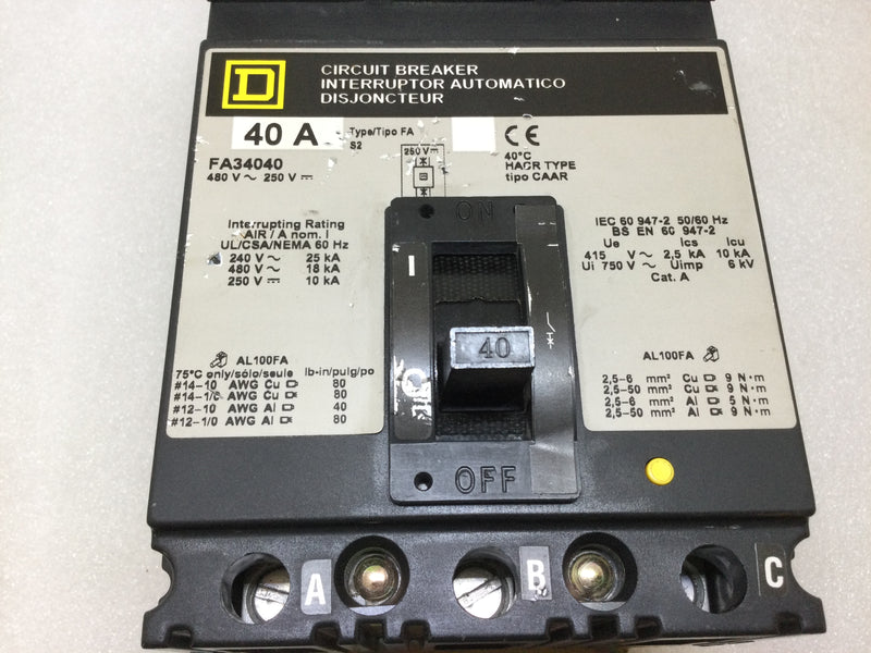 Square D FA34040 40 Amp 3 Pole 480Vac Circuit Breaker