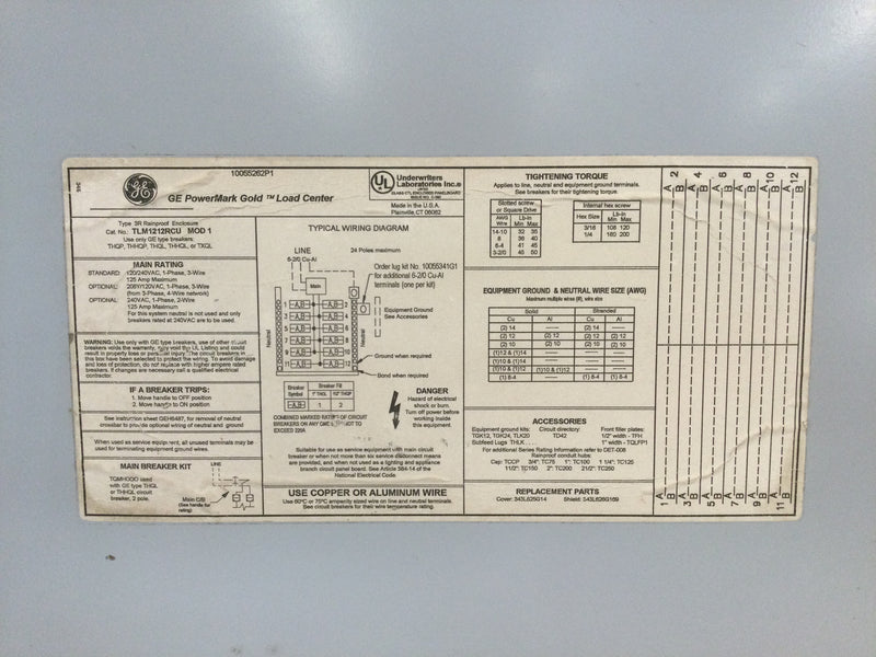 GE General Electric TLM1212RCU; Single Phase, 3 Wire, 125 Amp, 120/240V Load Center Cover Only