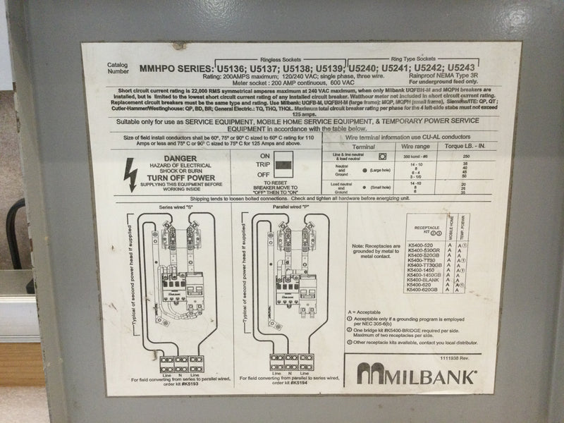 Milbank MMHPO; 200 Amp, 120/240, Nema 3R, UQFBH-M Temp Power Pole