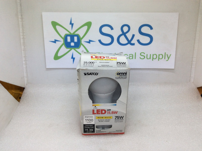 Satco S9814 11.5W LED A19 Style GU24 Base Replaces 75W 27K Dimmable 25,000 Hr Life
