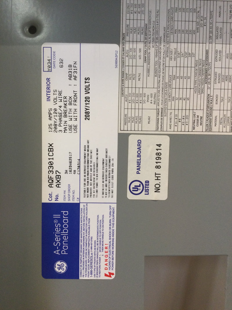 Ge General Electric Aqf3301cbx 125a 3ph/4 Wire 208y/120v 30 Circuit Panel Board Interior