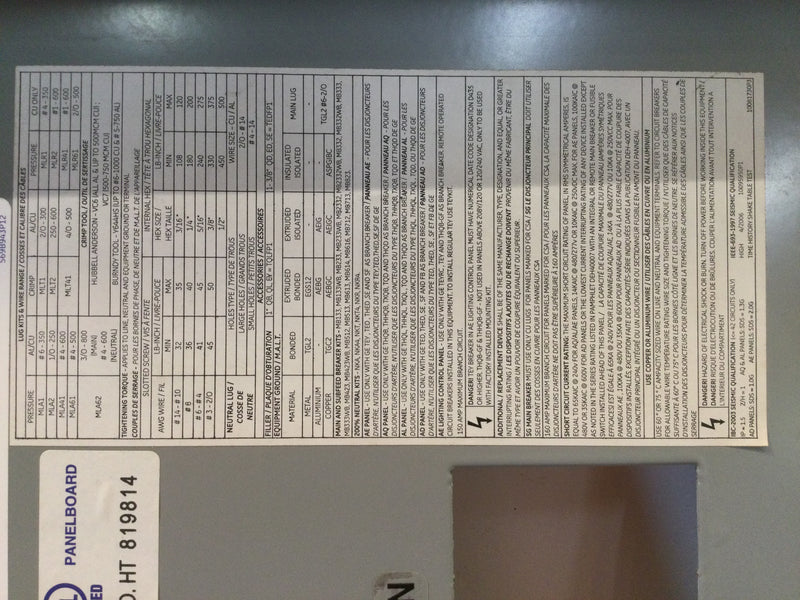 Ge General Electric Aqf3301cbx 125a 3ph/4 Wire 208y/120v 30 Circuit Panel Board Interior