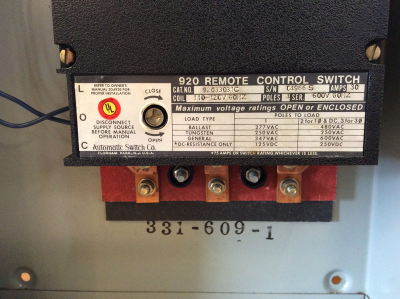 Automatic Switch 92033031C 920 Remote Control 110-120V Coil 30 Amp 3 Pole 600VAC Max Nema1 Enclosure
