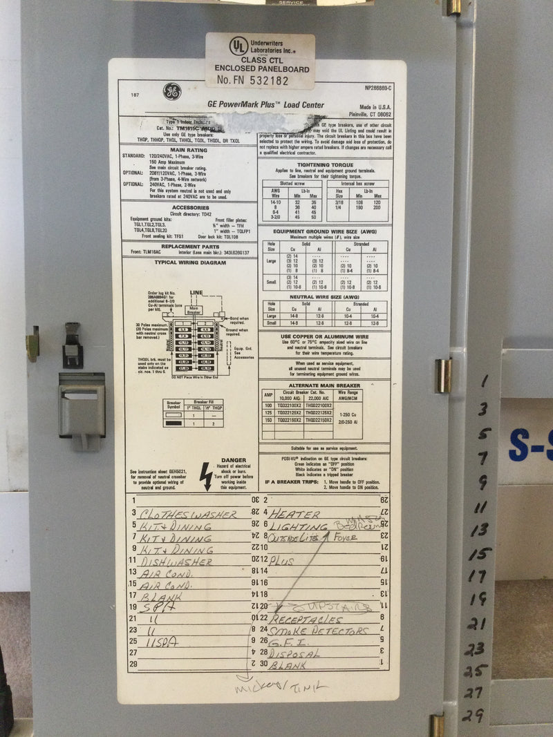 Ge Powermark Plus Tm1615c Mod1 Single Phase Tqd2150 150a  Main Breaker 120/240vac Thqp,Thhqp,Thql, Thqdl