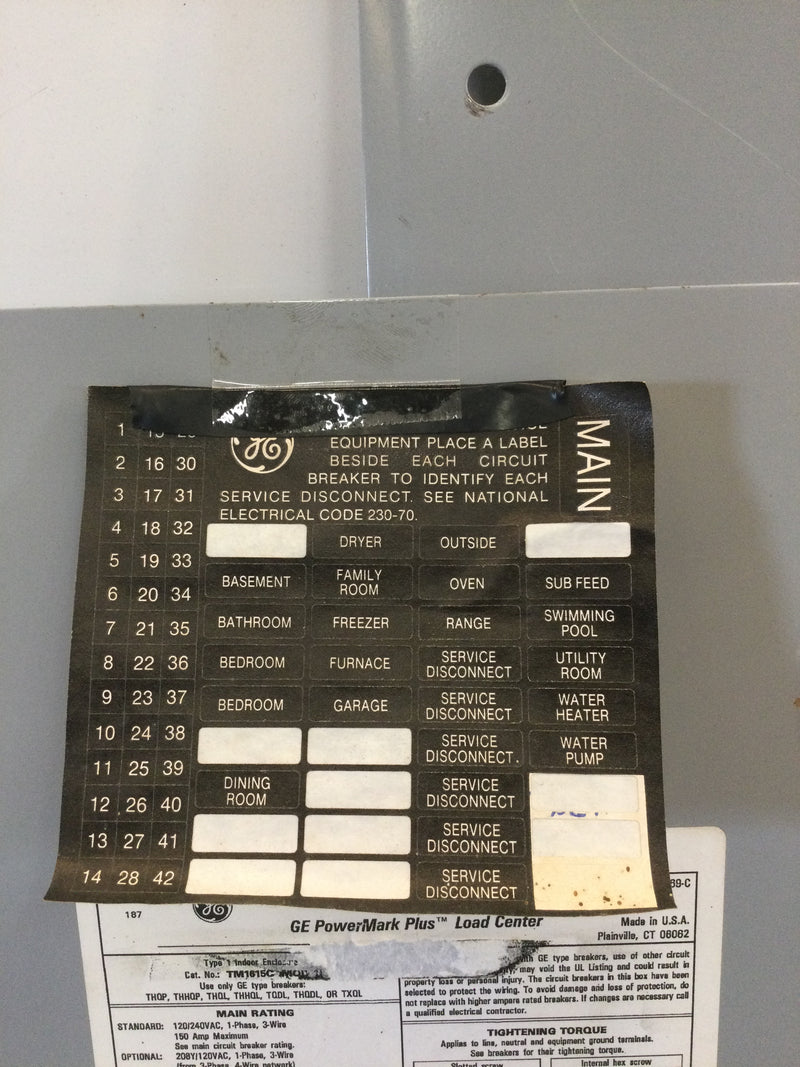 Ge Powermark Plus Tm1615c Mod1 Single Phase Tqd2150 150a  Main Breaker 120/240vac Thqp,Thhqp,Thql, Thqdl