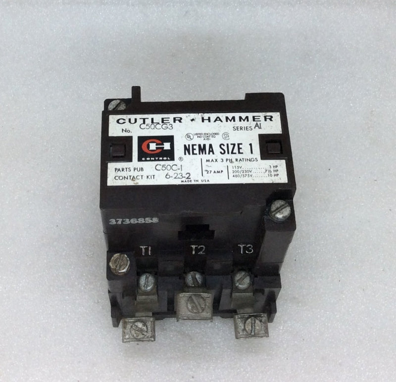 Cutler-Hammer C50CG3 Series A1 Nema Size 1 3 Phase 27A 10Hp @ 600VAC Max Contact Kit 6-23-2