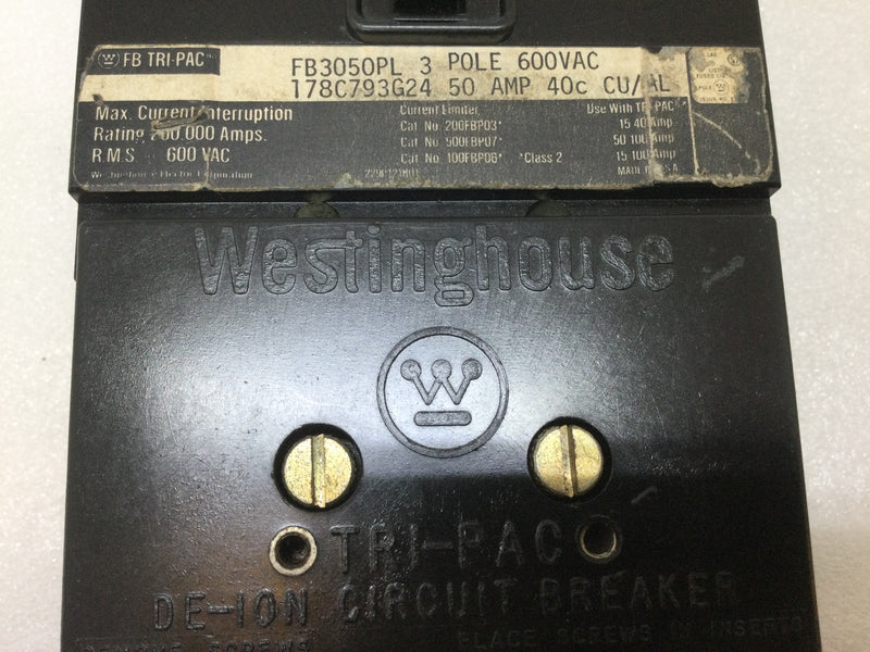 Westinghouse FB3050PL Tri-Pac 3 Pole 50 Amp 600vac Type FB Circuit Breaker