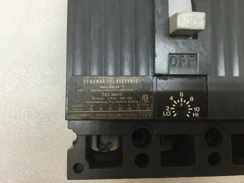 Ge General Electric Tec36015 3pole 15a 600vac With Instantanious Trip Circuit Breaker