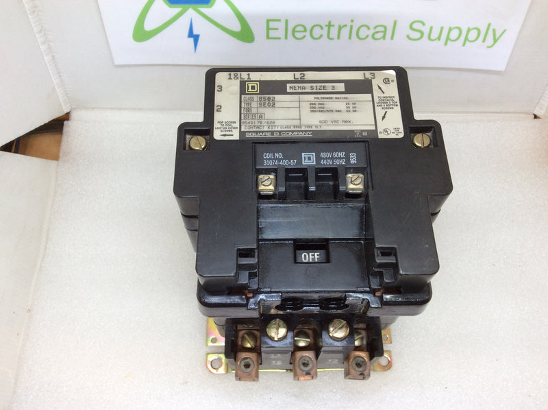 Square D 8502SE02 Series A Class 9998 Type-SL7 Contact Kit 3 Pole 50Hp 600VAC Max Contactor