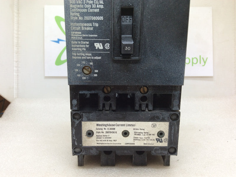 Westinghouse MCP13300RC With EL3030R Current Limiter 3 Pole 30A 600VCAC Circuit Breaker