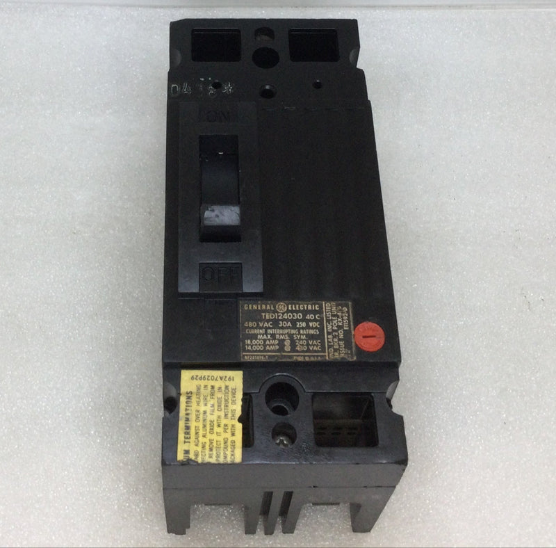 GE General Electric TED124030 30 Amp 2 Pole 480V Circuit Breaker