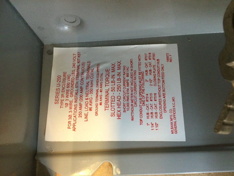 Milbank U7040-RL-TG-KK-RGE 200A Ringless Meter Enclosure 11"X 15"X 5"