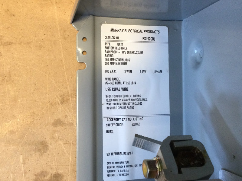 Murray Rs192coj Bottom Fed Only, 200a, 160a Continuous, 600vac, 3 Wire, 5 Jaw, Single Phase, Nema3r Ringless Meter