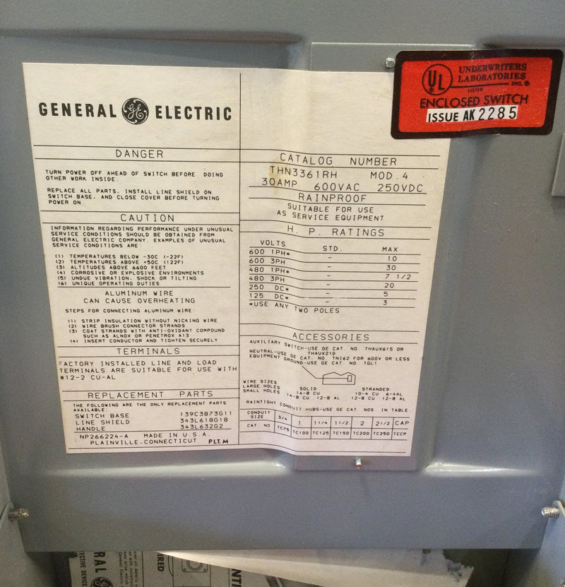 GE/General Electric THN3361RH Heavy Duty Safety Switch, 30a, 600vac, 3 Pole, Non-Fused, Nema3r Outdoor
