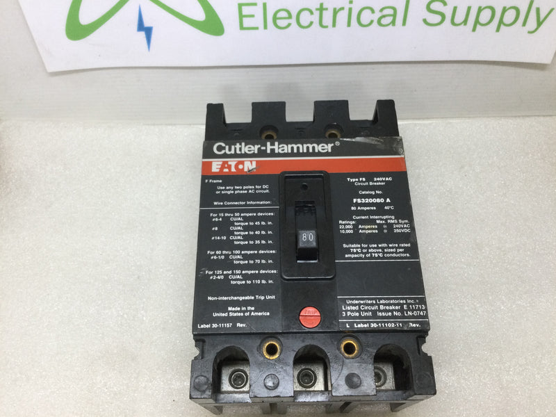 Cutler Hammer Fs320080a 3p 80a 240v Circuit Breaker 3 Pole 80 Amp