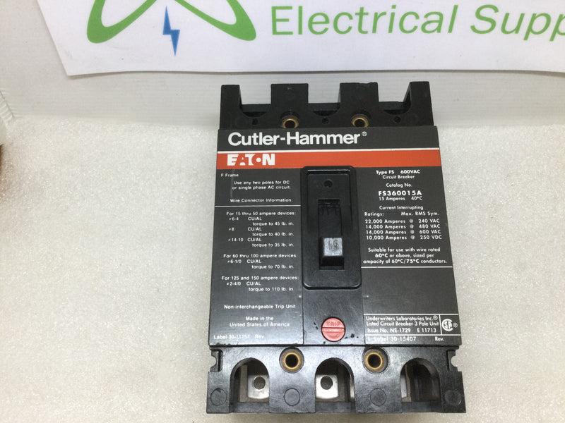 Eaton Cutler Hammer  Fs360015a 15a 600v 3 Pole Circuit Breaker 15 Amp 3 Pole 600 Vac