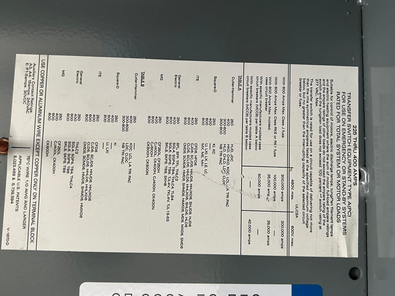 Kohler KSS-DCTA-0400S Transfer Switch 400 Amp 208V 4 Wire 3 Phase 4 Pole