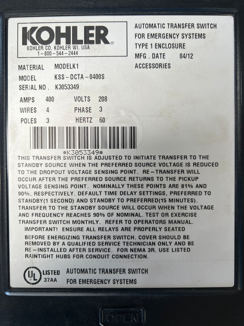 Kohler KSS-DCTA-0400S Transfer Switch 400 Amp 208V 4 Wire 3 Phase 4 Pole